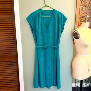 Vintage 1970s 1980s Ultra Suede Teal Blue Dress with Pockets Belt
